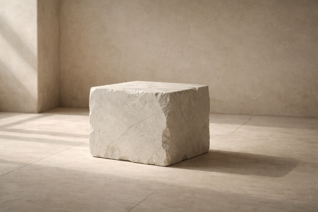 photo_1_hand_cut_carrara_marble_block_with_visible_chisel_marks_matte_unpolished_surface_resting_on_limestone_floor_quiet_luxury_editorial_still_life_form_as_decision