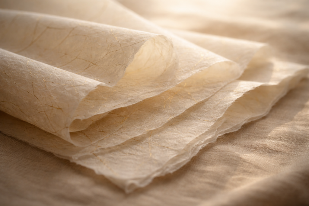 photo_1_washi_paper_editorial_still_life_layered_handmade_japanese_washi_with_irregular_gold_threads_translucent_sheets_soft_curves_on_warm_linen_natural_daylight_quiet_luxury_landscape