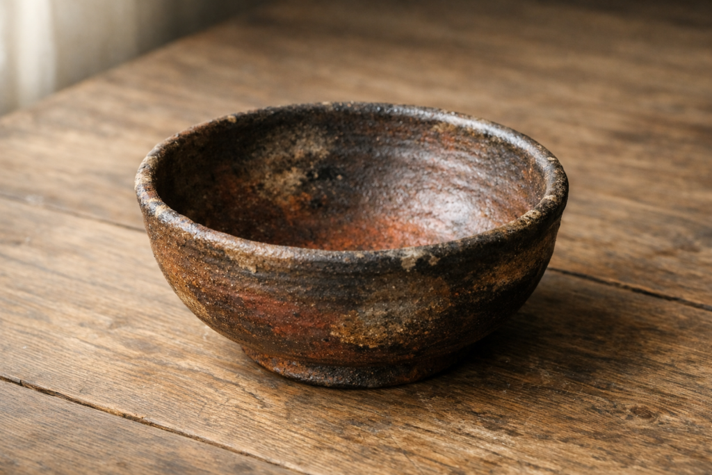 photo_2_antique_japanese_bizen_ceramic_bowl_empty_thick_walled_with_natural_firing_marks_resting_on_aged_oak_surface_soft_morning_light_quiet_luxury_editorial_still_life