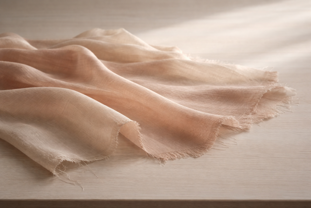 photo_2_handwoven_silk_organza_editorial_still_life_raw_edges_natural_pigment_dyed_translucent_textile_pale_wood_surface_soft_side_light_quiet_luxury_landscape