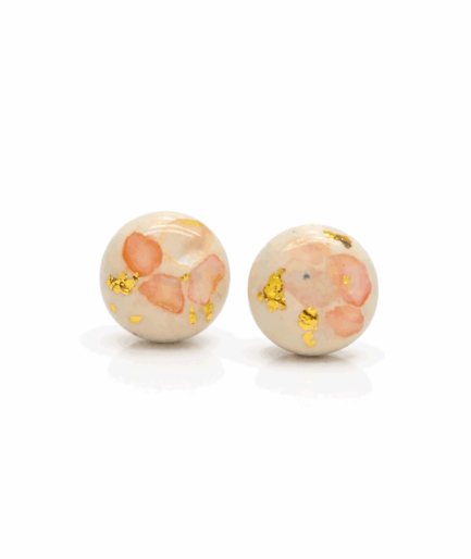 handmade_ceramic_round_earrings_soft_pink_gold_flakes_camino_inspired_jewelry