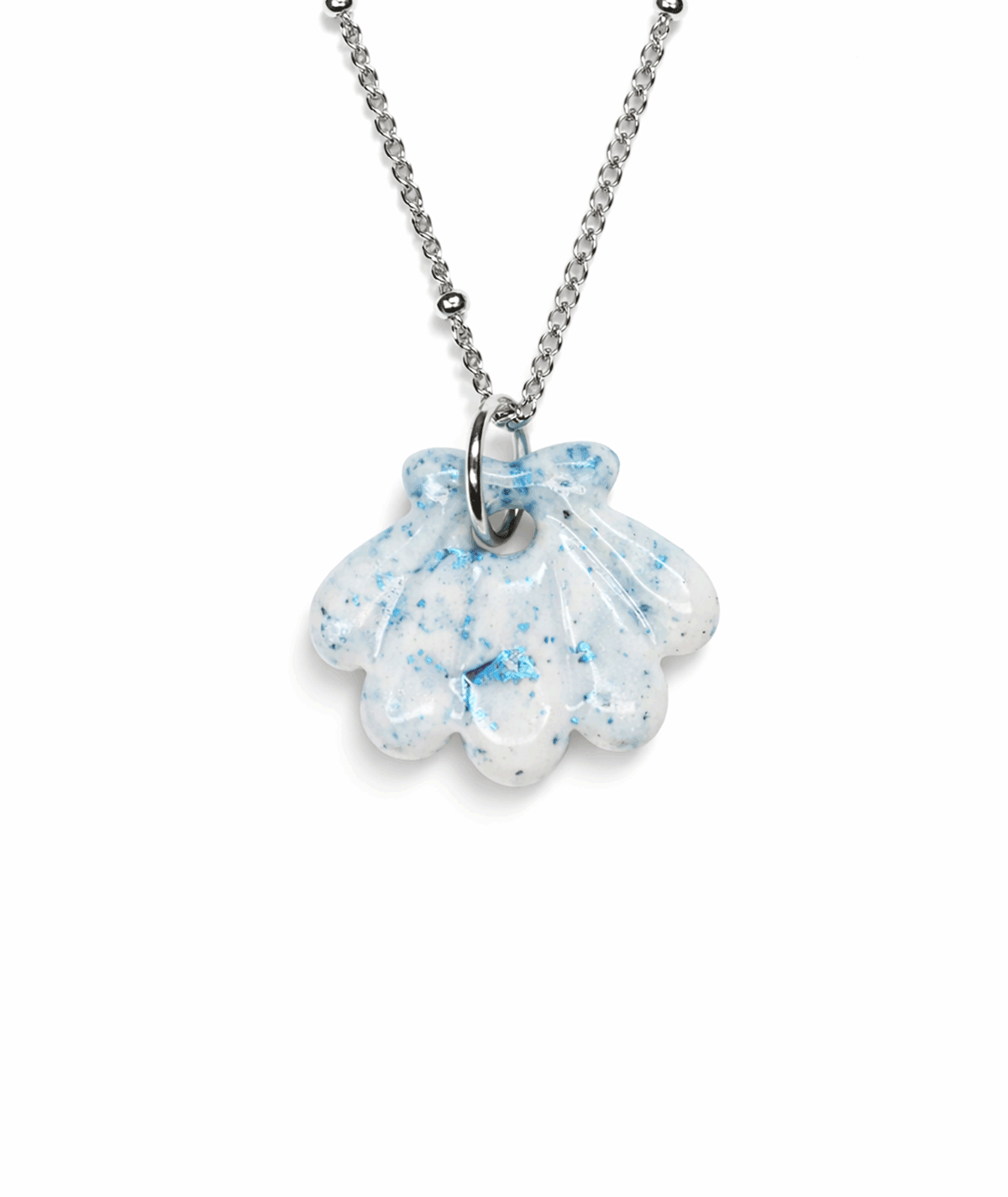 handmade_ceramic_shell_pendant_white_blue_speckled_glossy_camino_inspired_necklace