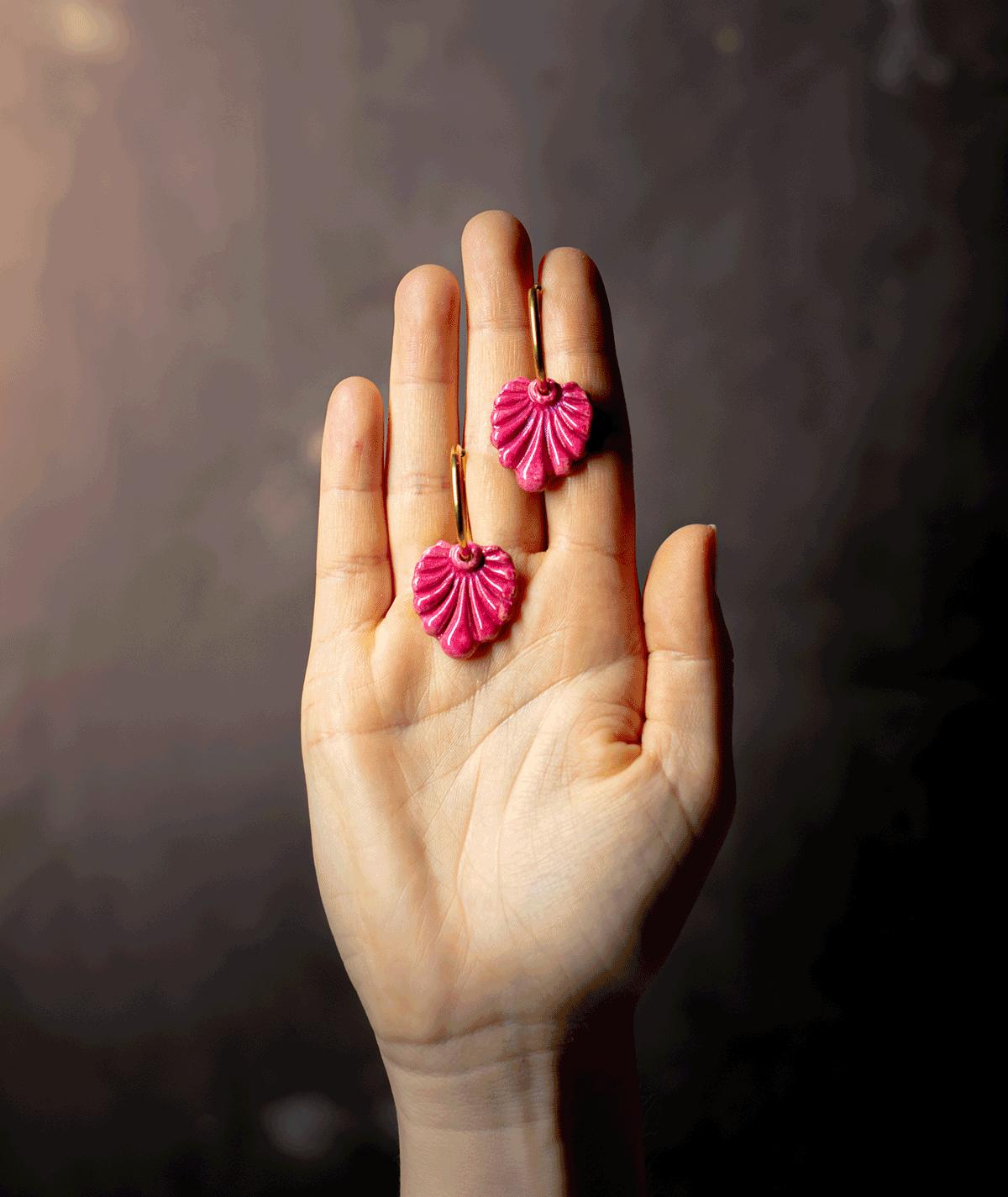 charm_01_a Fuchsia Pink Shell Earrings with textured handmade polymer clay charms and gold-tone hoops by Suzy Decor