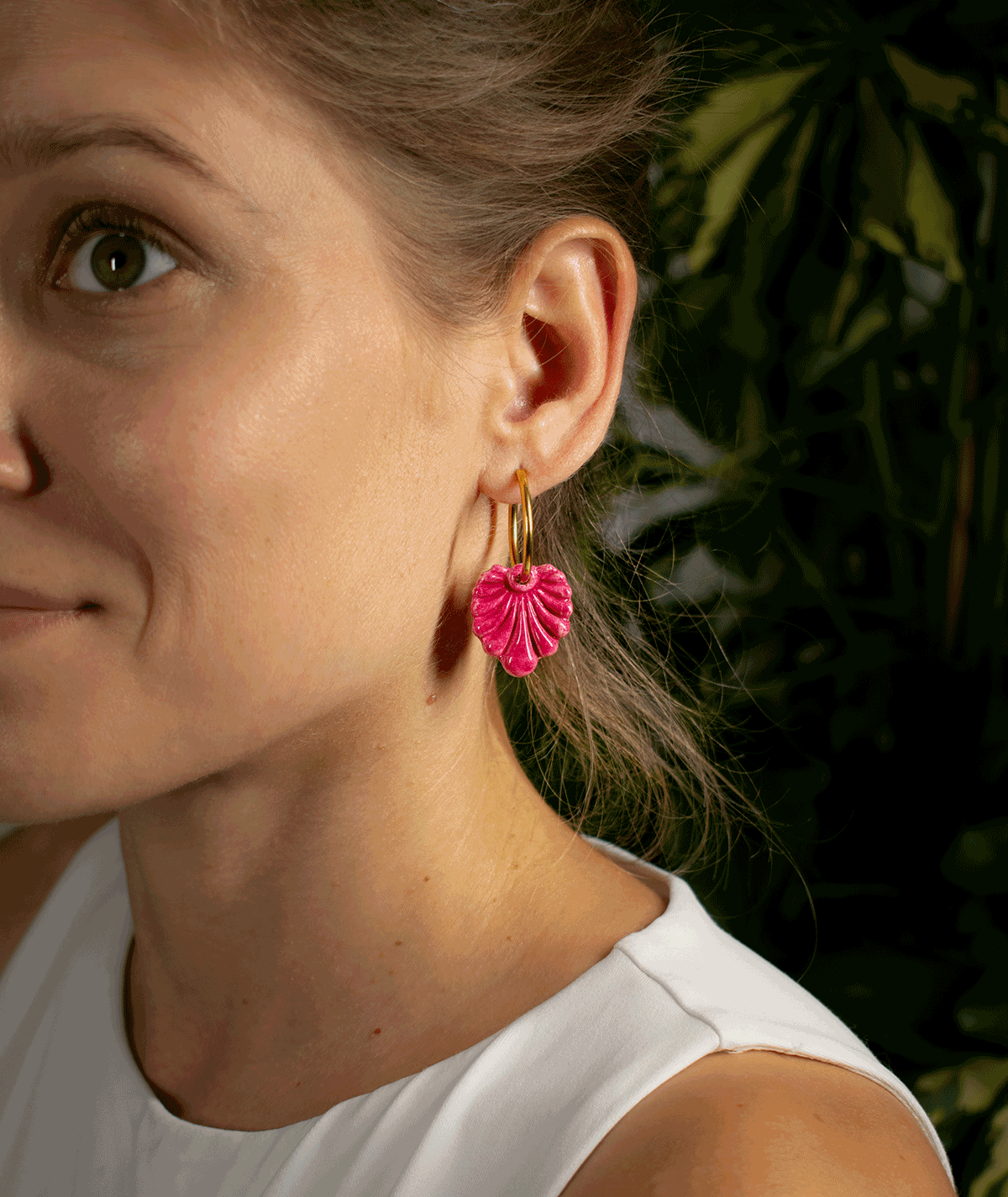 charm_01_b Fuchsia Pink Shell Earrings with textured handmade polymer clay charms and gold-tone hoops by Suzy Decor