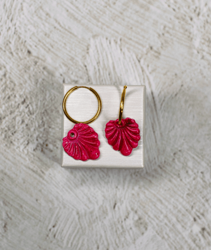 Fuchsia Pink Shell Earrings with textured handmade polymer clay charms and gold-tone hoops by Suzy Decor