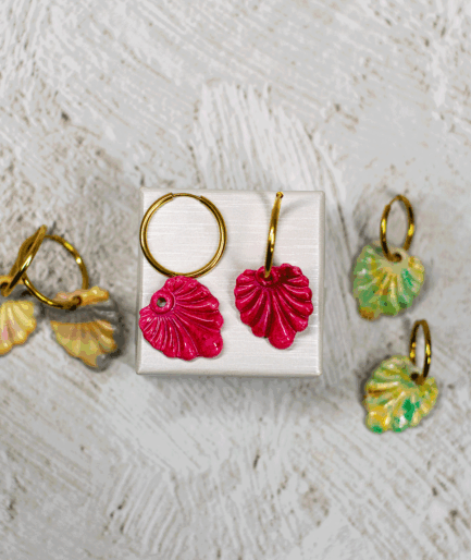 Fuchsia Pink Shell Earrings with textured handmade polymer clay charms and gold-tone hoops by Suzy Decor