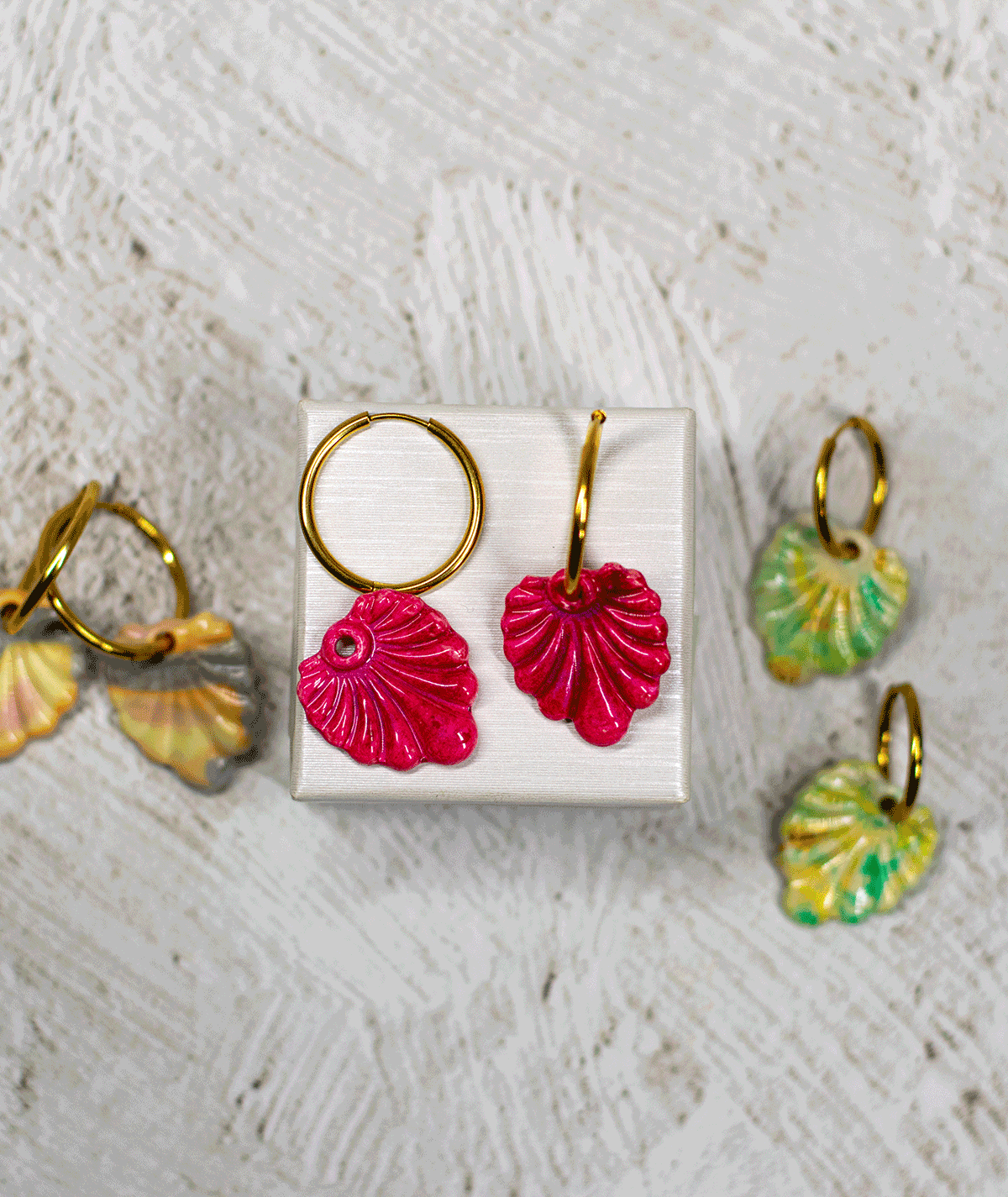 charm_01_c2 Fuchsia Pink Shell Earrings with textured handmade polymer clay charms and gold-tone hoops by Suzy Decor